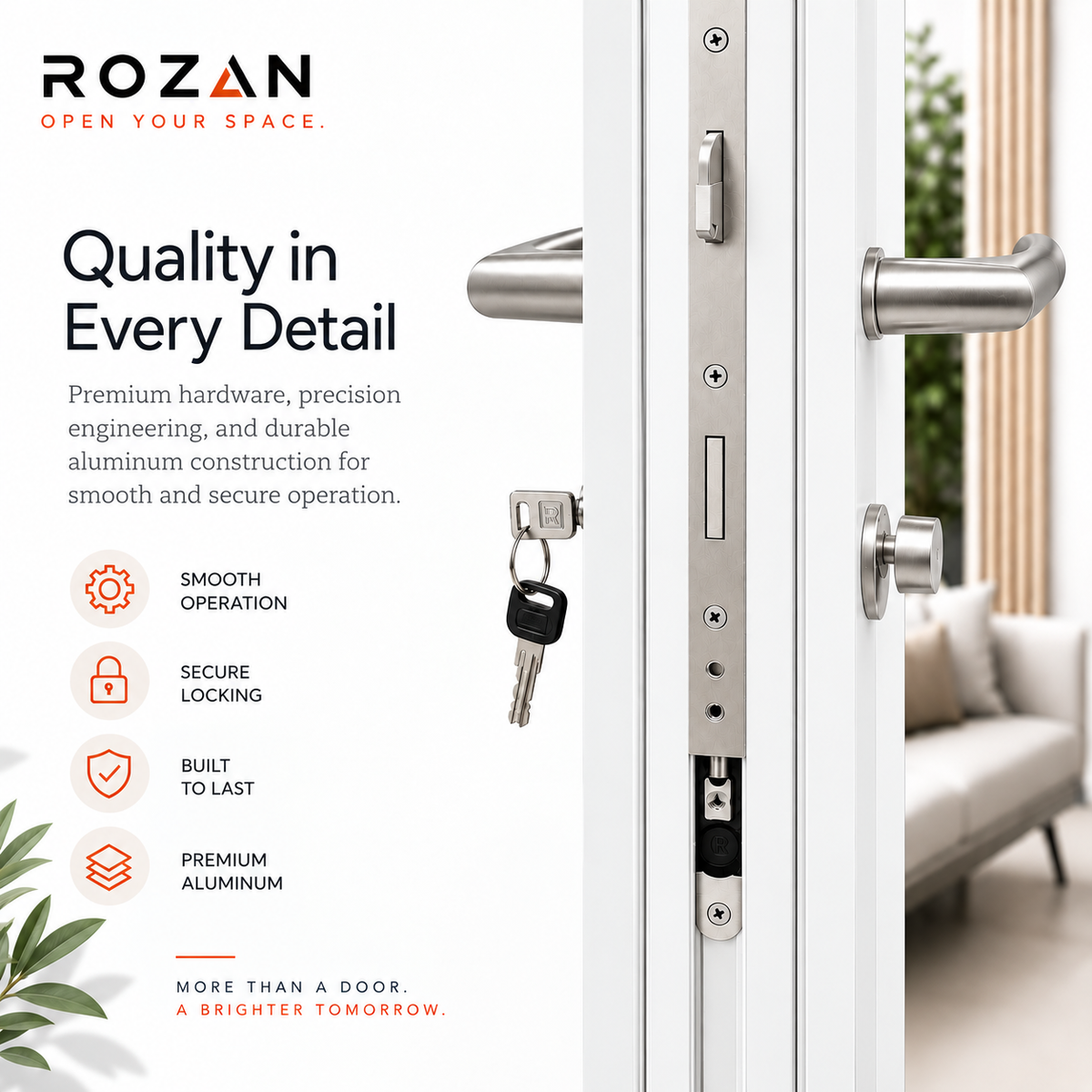 ROZAN premium aluminum door with stainless steel handle and lock system highlighting smooth operation and secure locking.