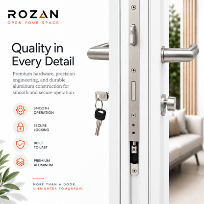 ROZAN premium aluminum door with stainless steel handle and lock system highlighting smooth operation and secure locking.